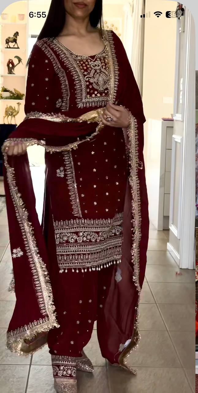 Deep Crimson Pearl-Trimmed Suit